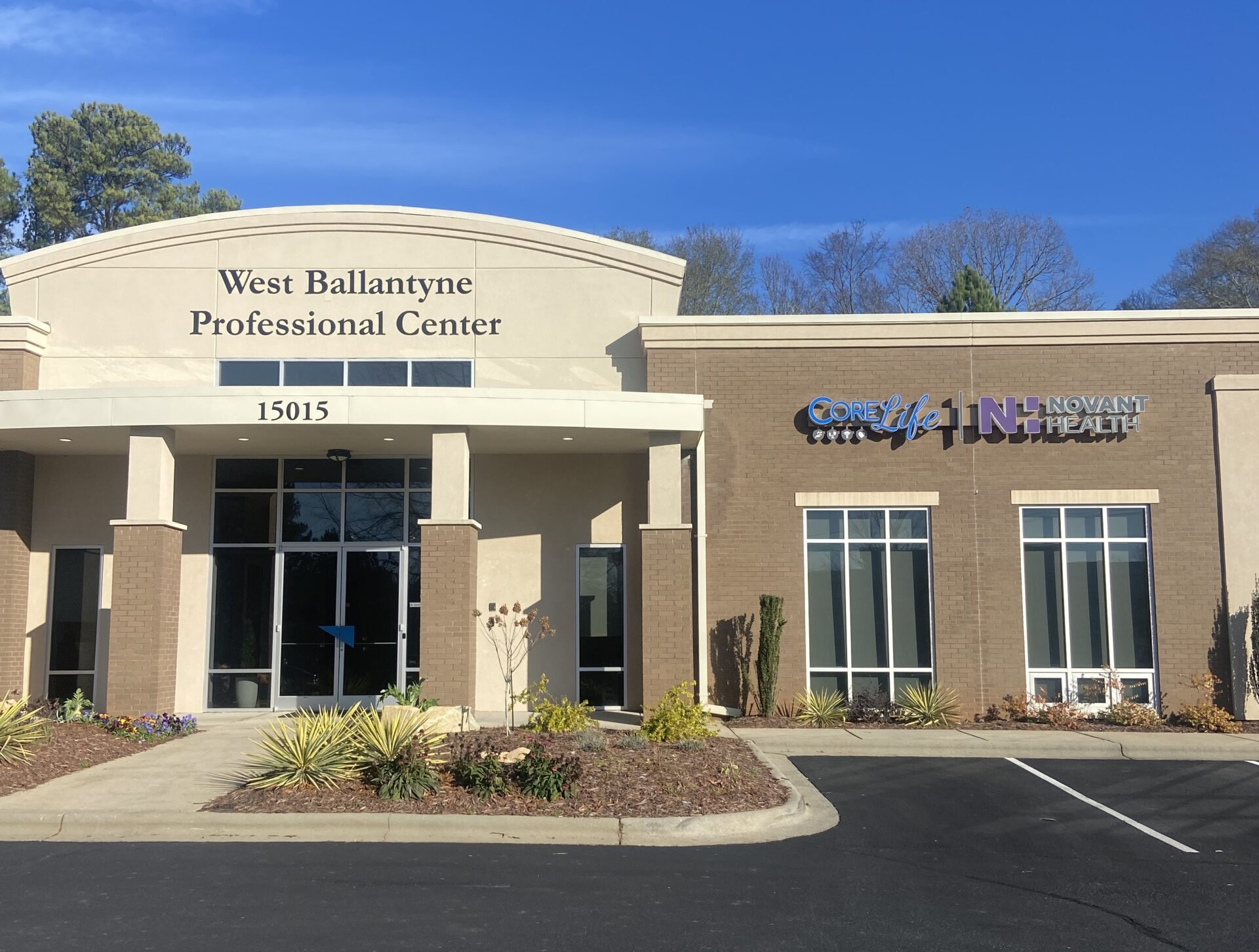 exterior photo of CoreLife Novant Health clinic in Ballantyne