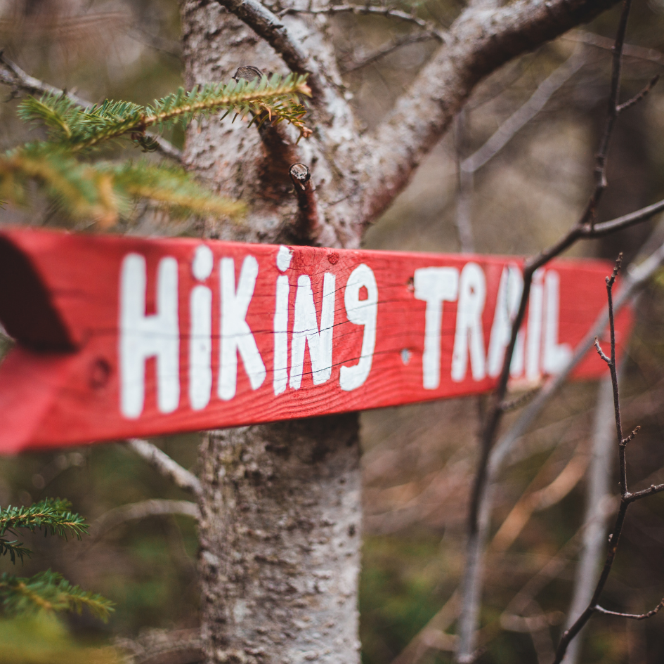 red sign with white letters that says hiking trail